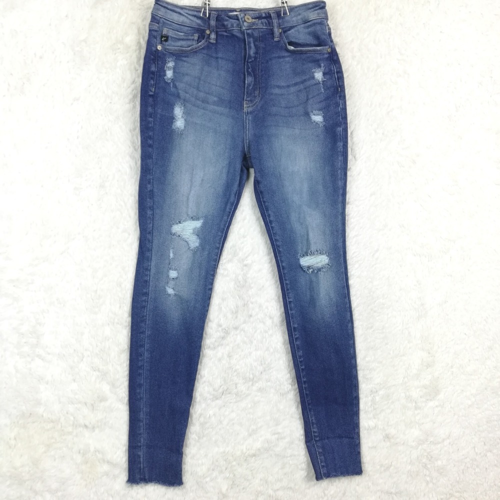 Kancan Womens Jeans High Rise Skinny Blue Denim Ripped Distressed Whiskering 29‎